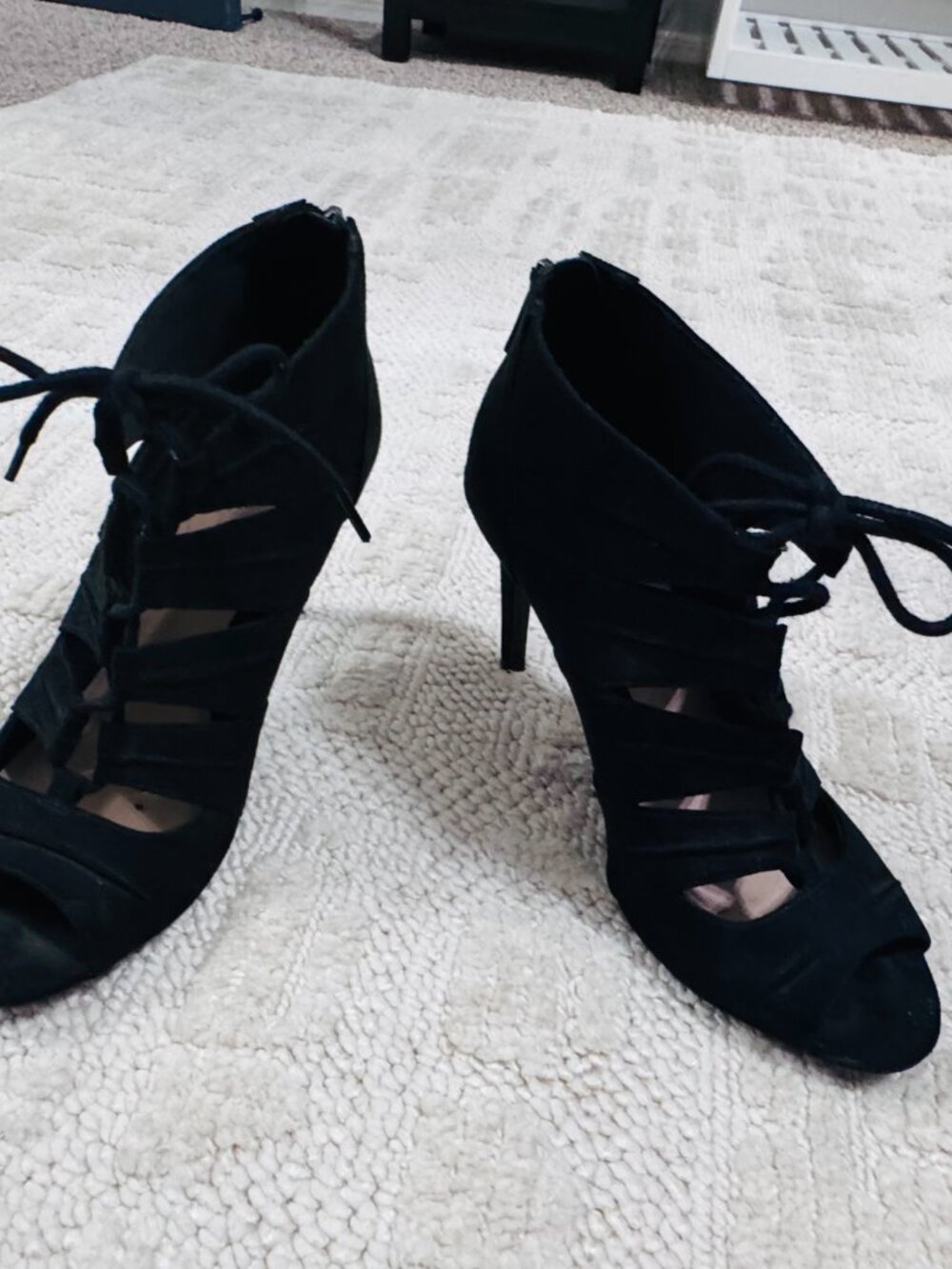 Black suede lace up bootie heels